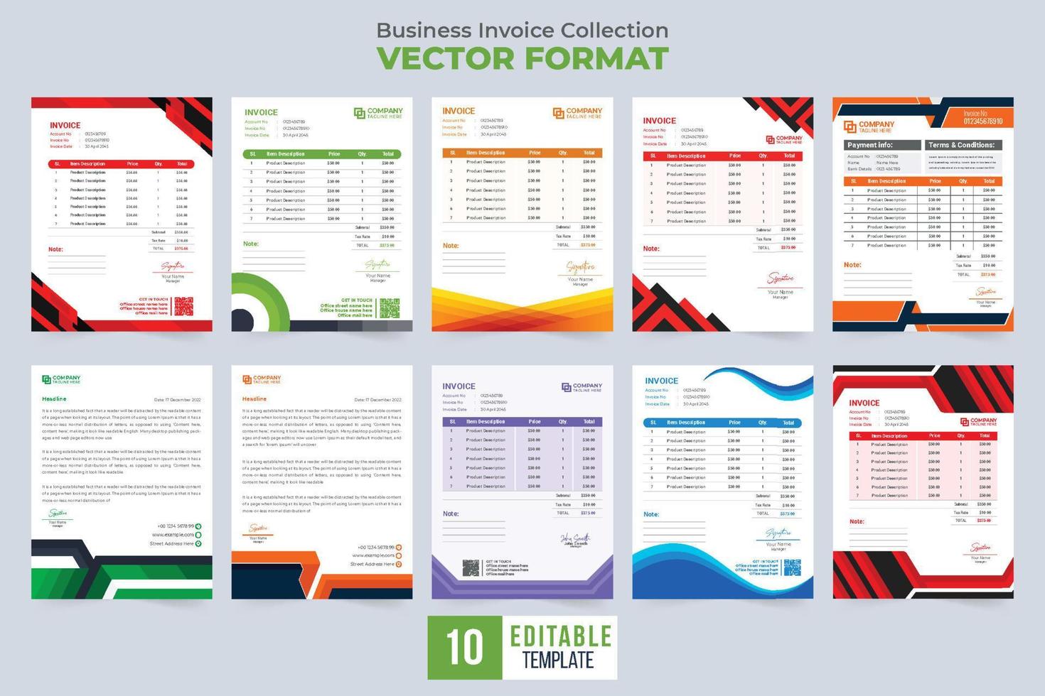 Business invoice template collection for company brand promotion. Corporate identity invoice and purchase receipt bundle designed with creative shapes. Product price receipt stationery set design. vector