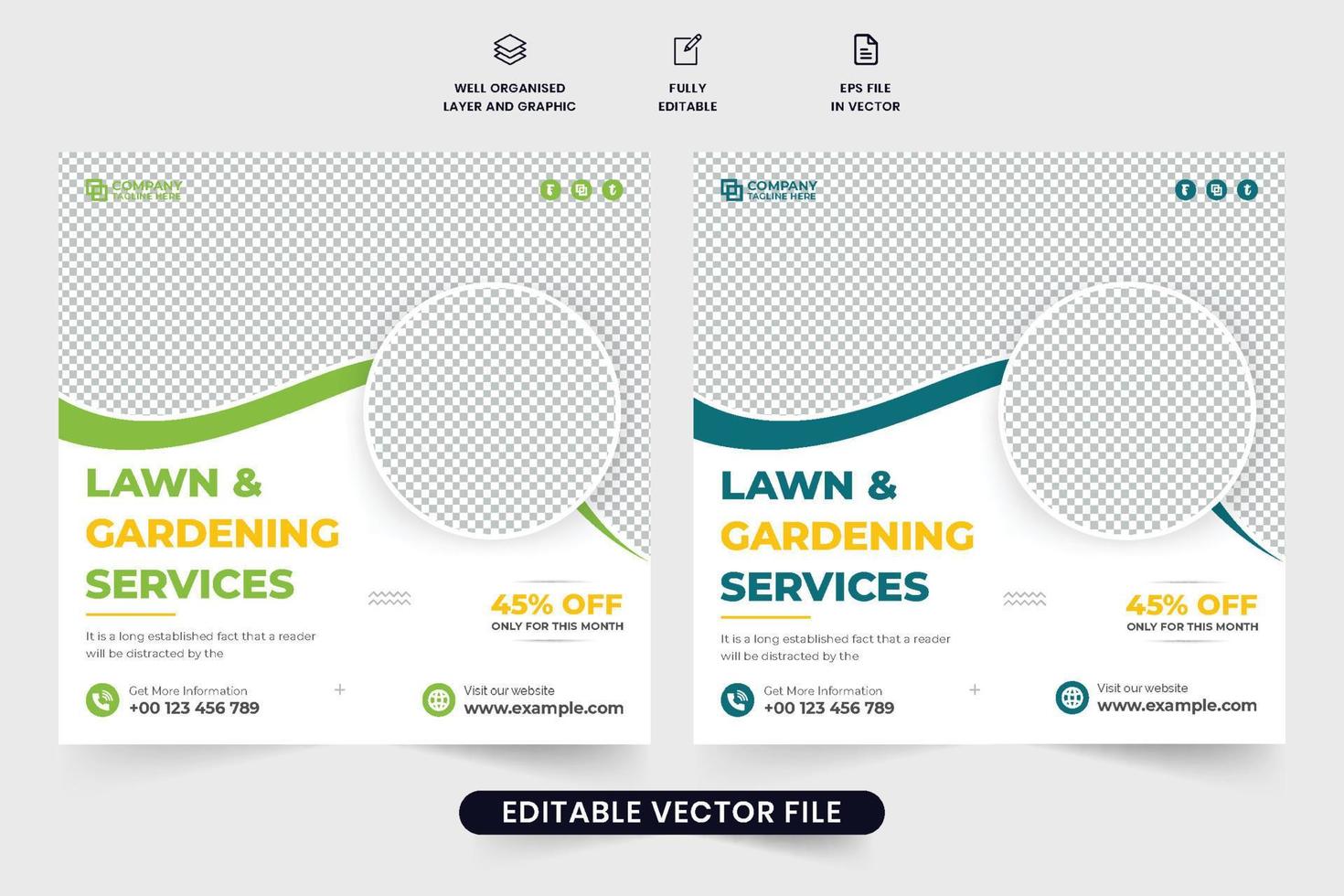 Landscaping and mowing business promotional web banner design with photo placeholders. Gardening and farming service advertisement template design for marketing. Lawn and gardening social media post. vector