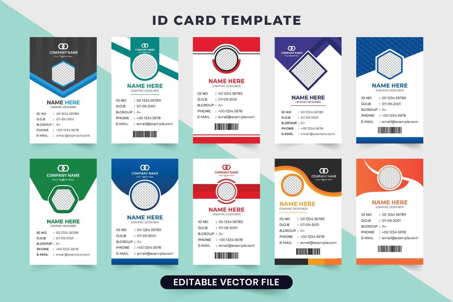 Office identity card set design with abstract shapes and photo placeholders. Colorful company ID card template collection for corporate identity. Print-ready identification card bundle for business. vector