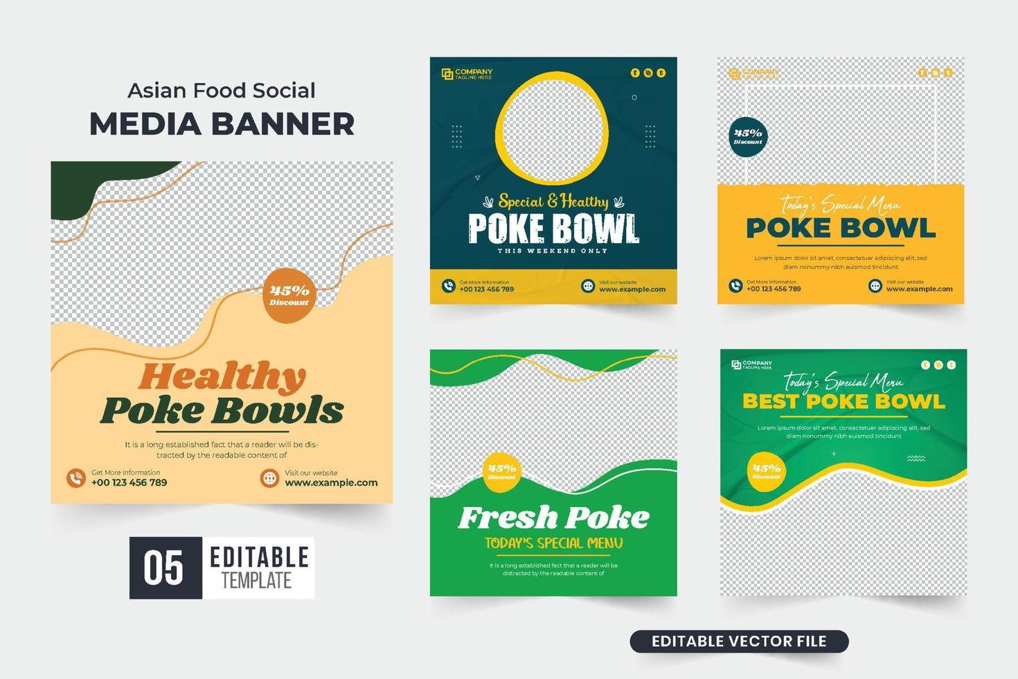 Food social media post collection designed with photo placeholders for marketing. Modern culinary business promo template set vector with dark and green colors. Healthy food menu web banner bundle.