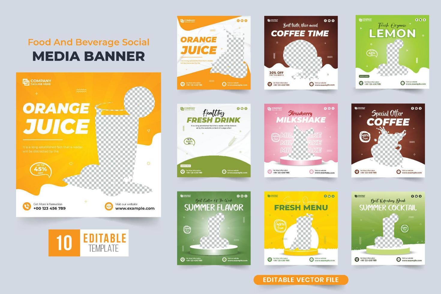 paquete de publicación de redes sociales de negocios de bebidas frescas con colores naranja y verde. bar de jugos y plantilla de café conjunto de vectores para marketing digital. diseño de la colección de carteles promocionales de cócteles de frutas.