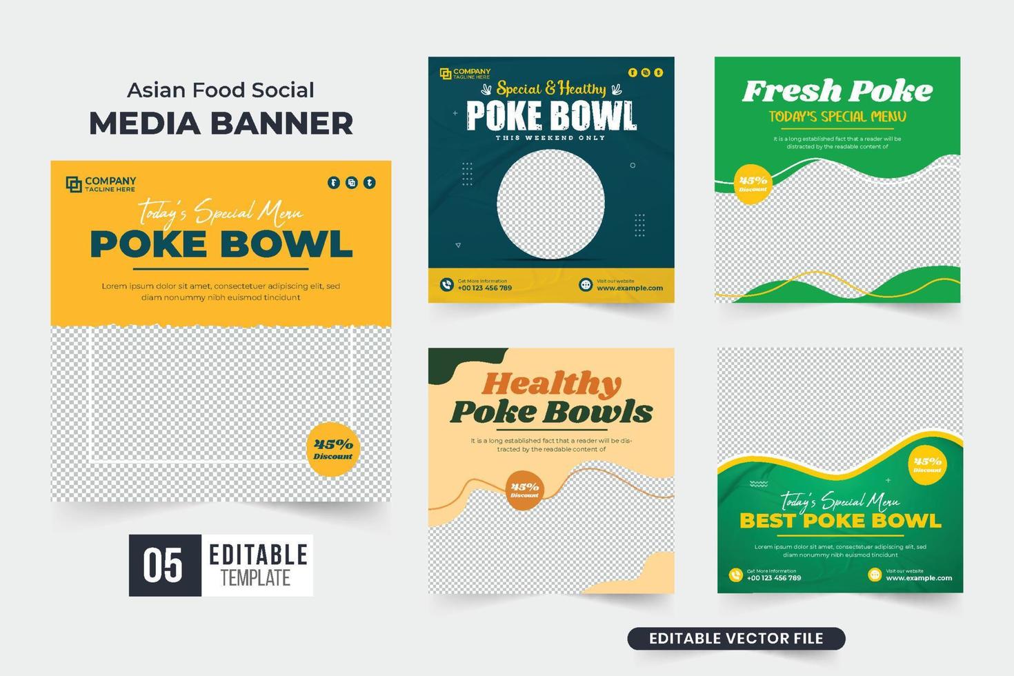 Culinary food promotional web banner set design with photo placeholders and abstract shapes. Special food menu social media post collection for marketing. Food sale discount template bundle. vector