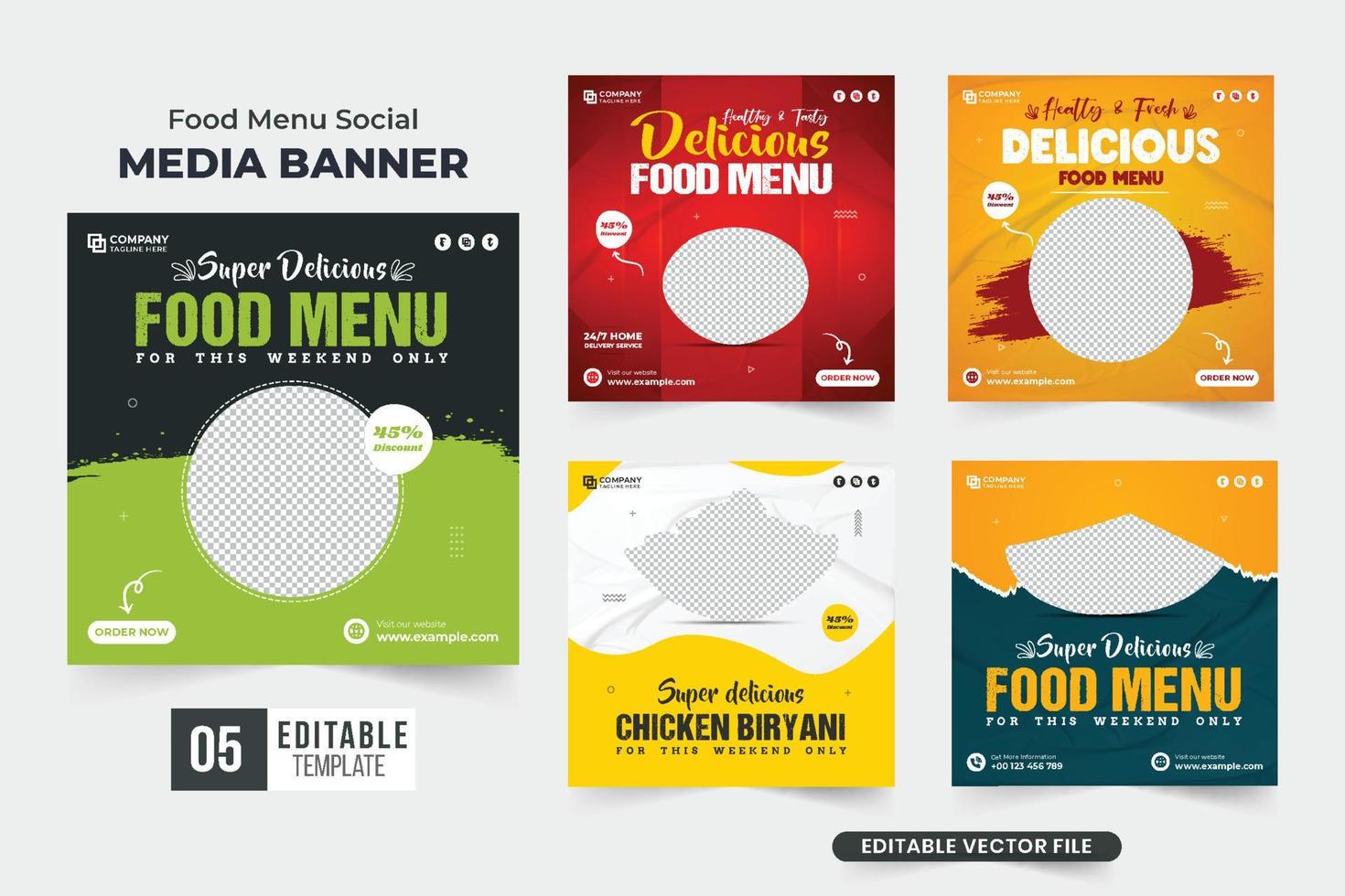 menú de alimentos saludables colección de plantillas de marketing en redes sociales con efecto de pincel abstracto. diseño de paquete de banner web promocional de negocios de alimentos con colores verde y amarillo. cartel de menú de comida conjunto vector. vector
