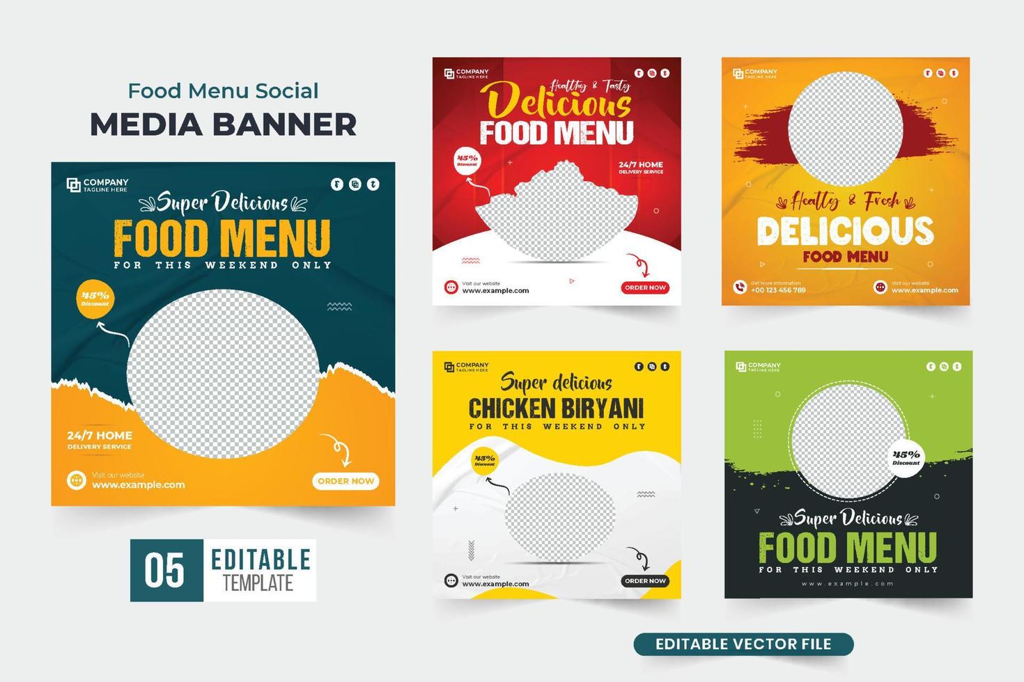 paquete de afiches publicitarios del menú de comida del restaurante con colores amarillo y azul. conjunto de banners web promocionales de negocios culinarios para marketing en redes sociales. colección de plantillas de descuento de menú de comida. vector