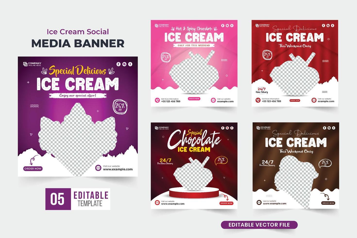 sabroso paquete de afiches promocionales de postres diseñado con colores morados y oscuros. colección de publicaciones en redes sociales de negocios de helados para marketing. vector de conjunto de plantillas de anuncio de helado delicioso.