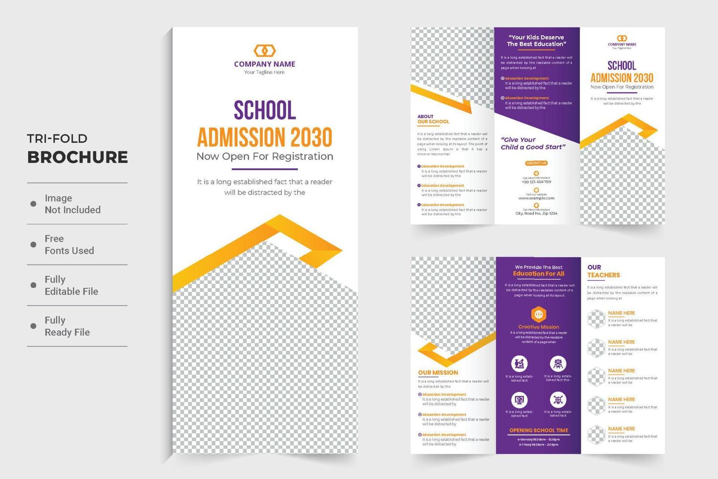 Academic education promotional brochure template for school or university. Back to school trifold brochure design with yellow and purple colors. School admission and activities brochure layout. vector