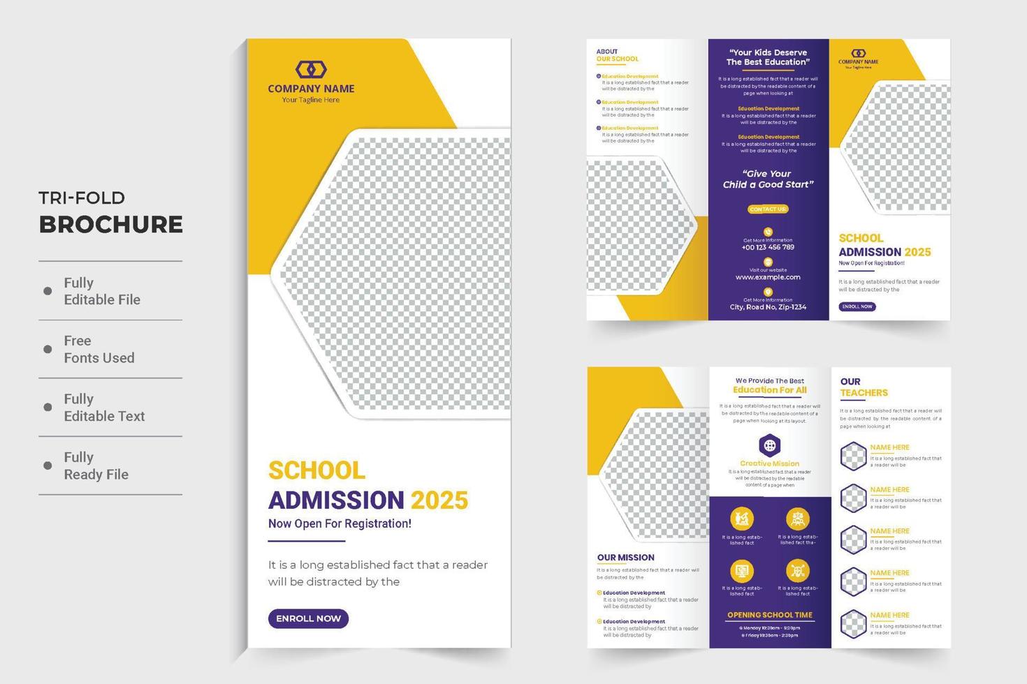 admisión escolar y diseño de folletos educativos para marketing. folleto académico y folleto tríptico con sección de actividades escolares. diseño de tríptico de regreso a la escuela con marcadores de posición de fotos. vector