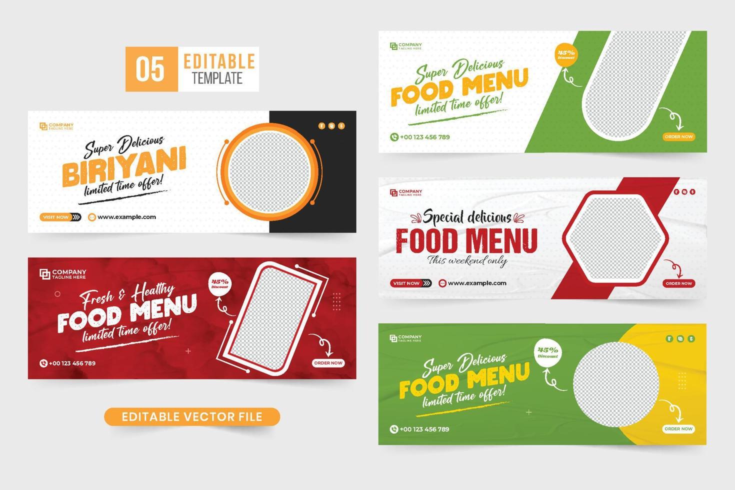 Special food menu discount template collection for social media marketing. Culinary business commercial web banner set vector with yellow and red colors. Restaurant food advertisement banner bundle.