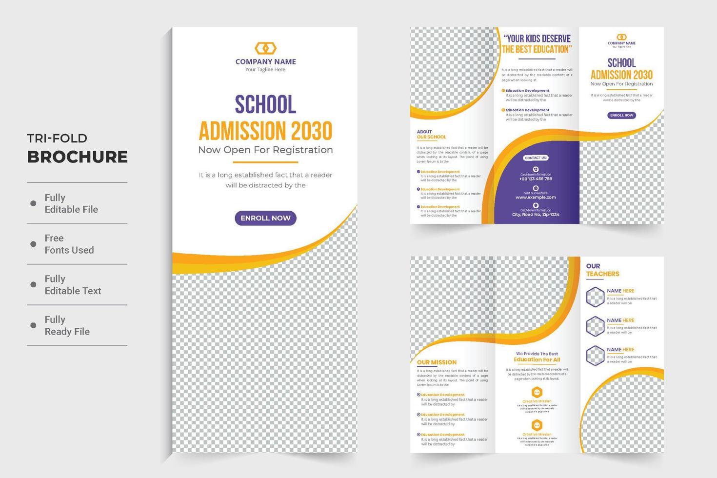 Modern school admission and daily activities promotional template with photo placeholders. Academic trifold brochure design with creative shapes and info sections. Education brochure layout vector. vector