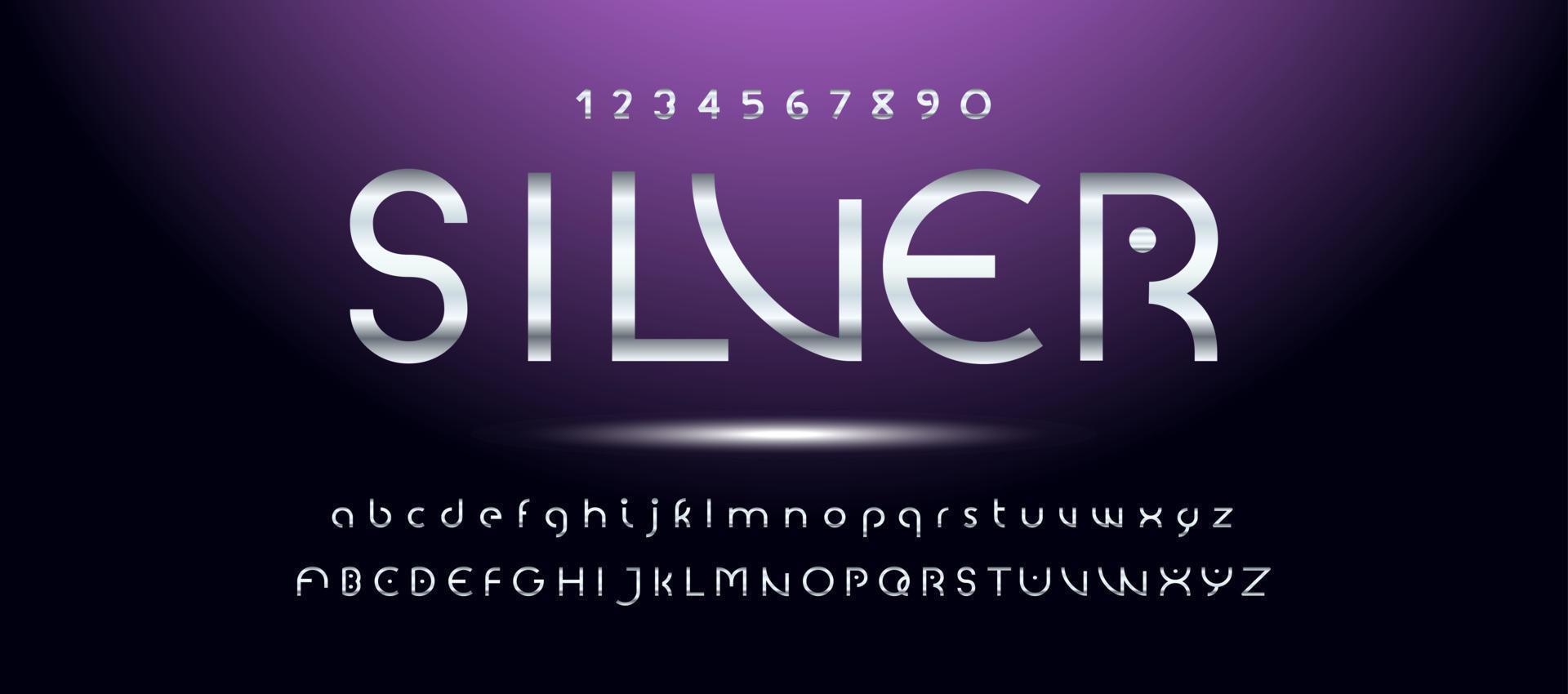 Silver style font, metallic alphabet letters and numbers. Vector. vector