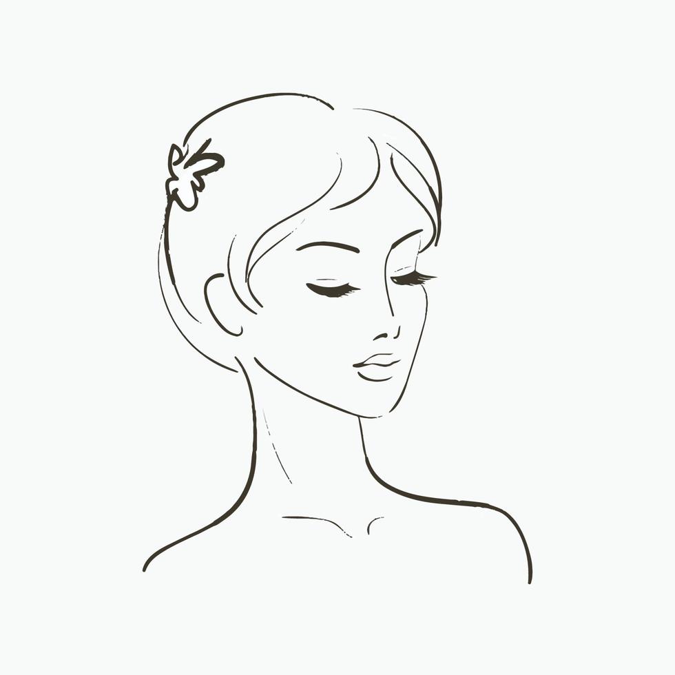 Vector vector drawing of beautiful tender woman, portrait in minimal style. monochrome illustration, emotional