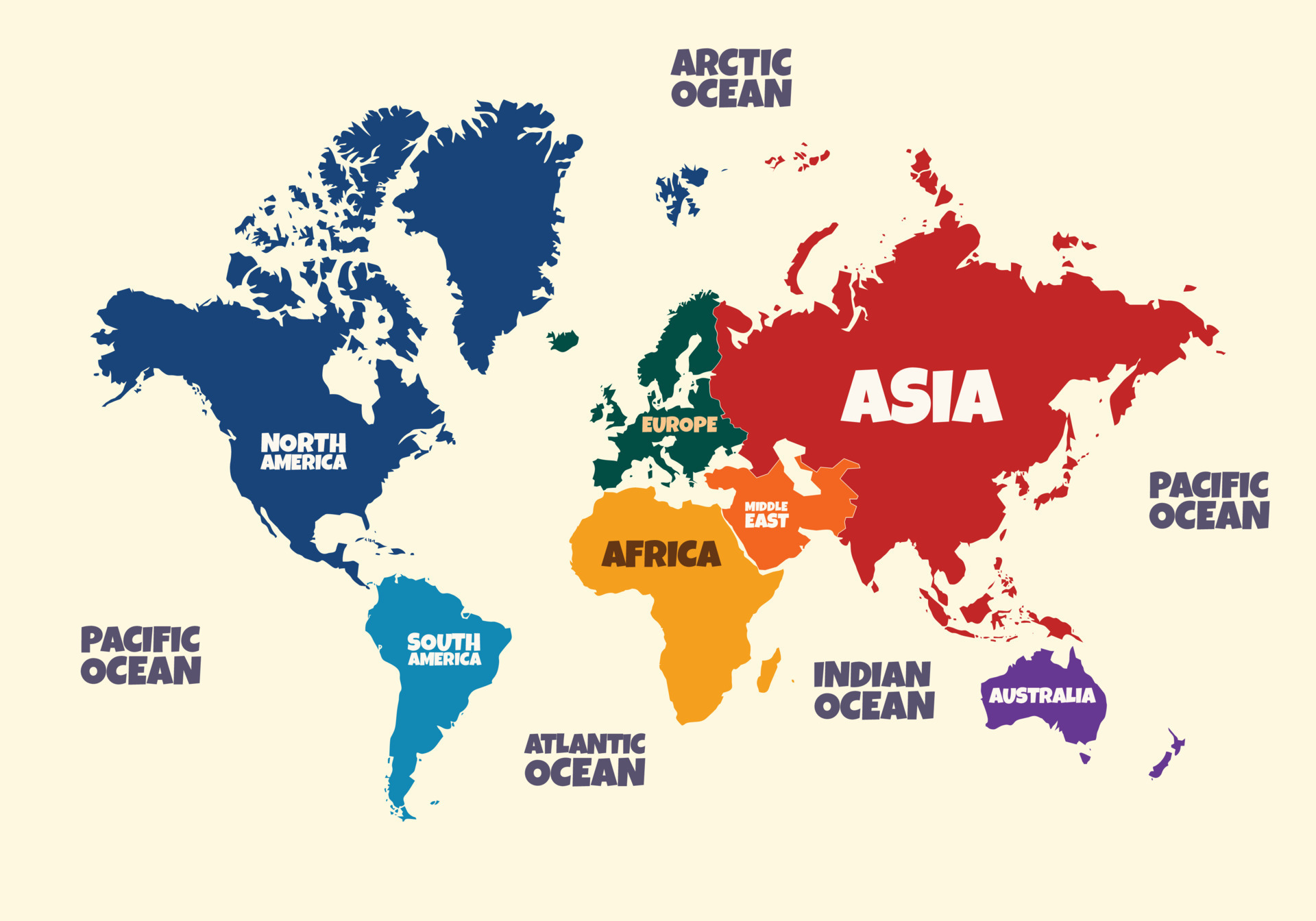 mapa del mundo colorido simple continentes y océanos 16839355 Vector en  Vecteezy