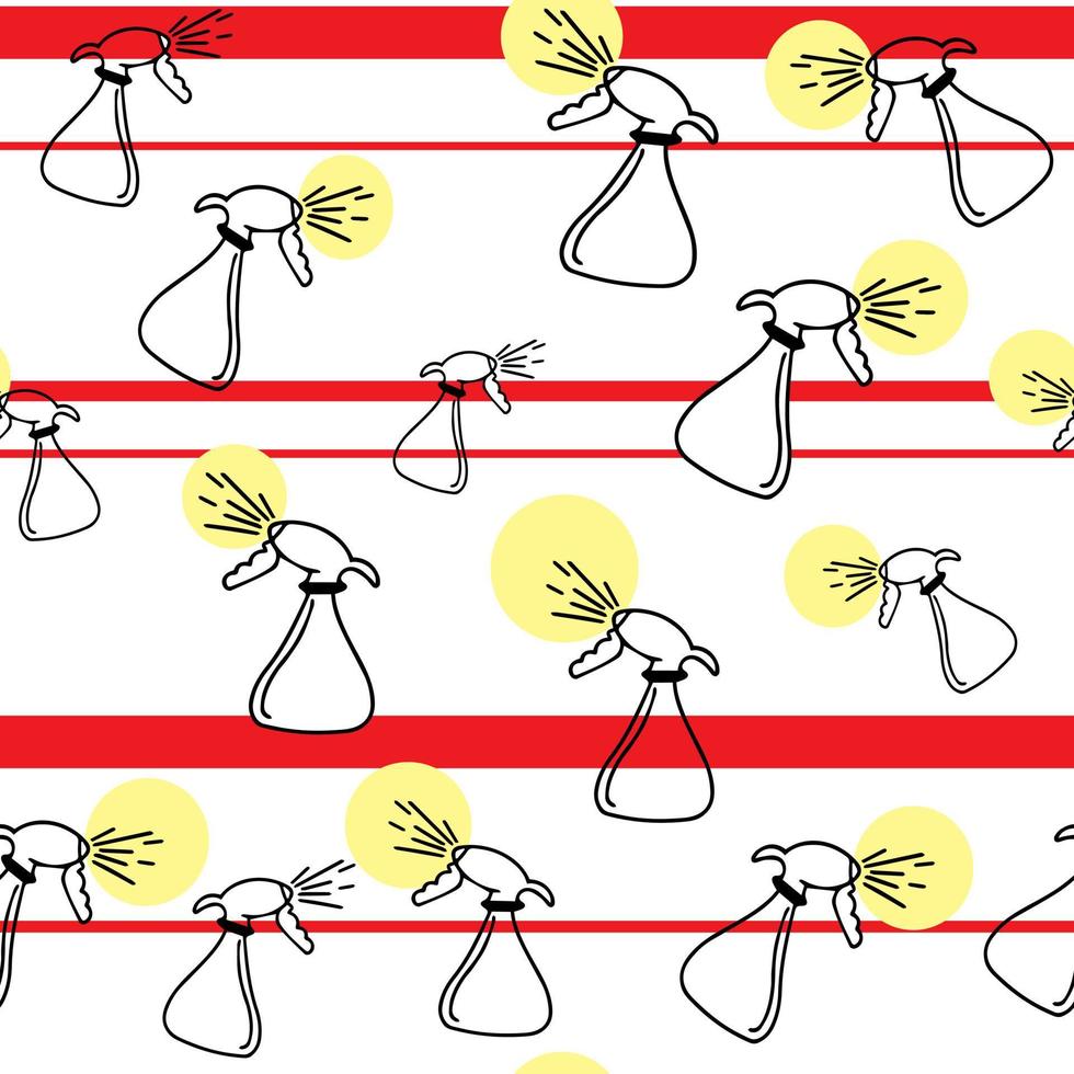 Seamless trendy, modern pattern spray, aerosol sprinkler and cleaning in the house, antibacterial protection on a striped background of red stripes vector