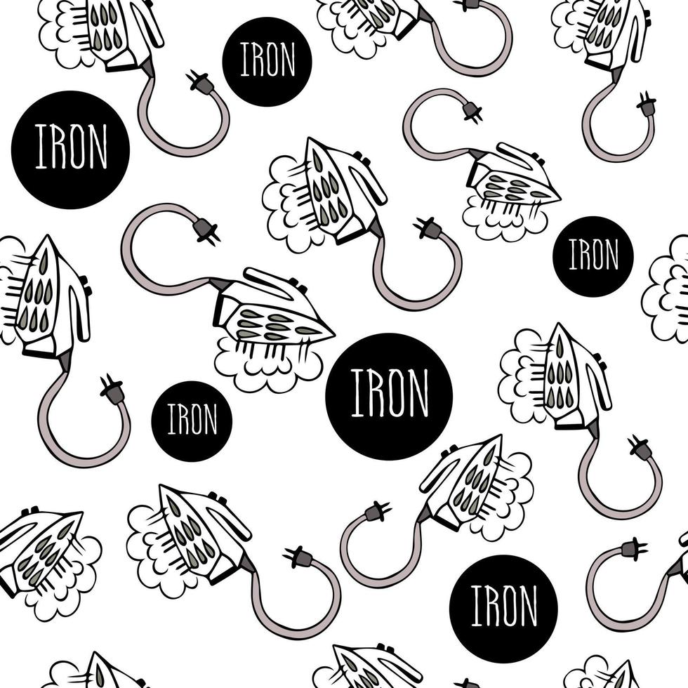 seamless trend pattern iron with steam and power cord on white background. device, appliance for home with steamer. Realistic image of an iron for clothes. doodles vector