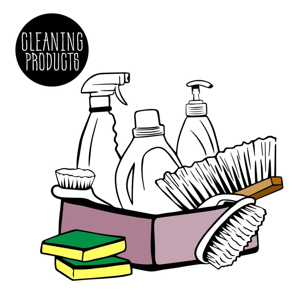 basket, box with bottles, spray cleaner, cleaning products, disinfectants, sanitary chemicals, liquid soap, brush and sponge for cleaning the house, office. cleaning services. vector