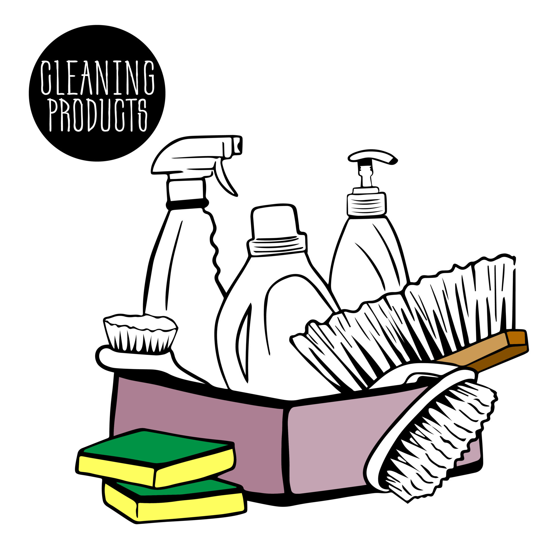 basket, box with bottles, spray cleaner, cleaning products, disinfectants,  sanitary chemicals, liquid soap, brush and sponge for cleaning the house,  office. cleaning services. 16839375 Vector Art at Vecteezy