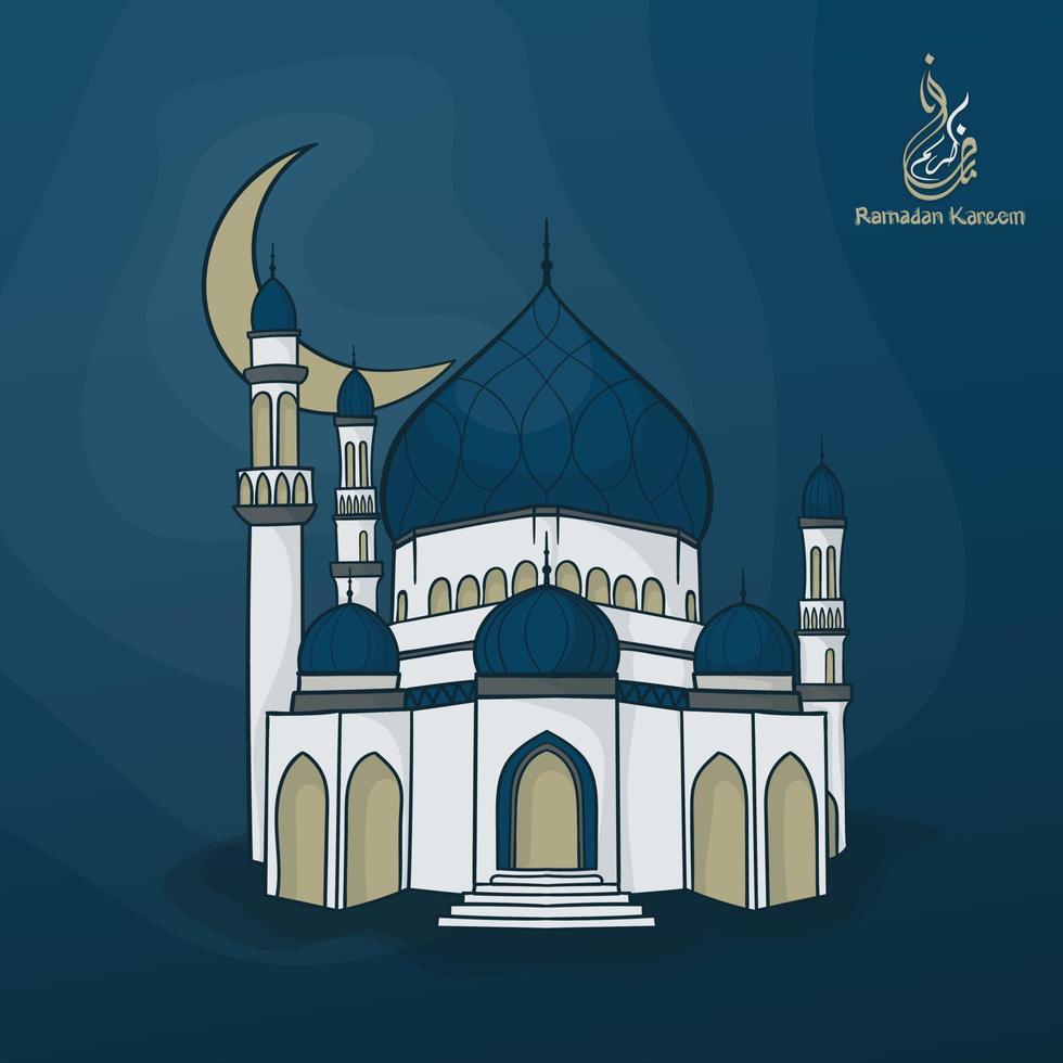 mosque in cartoon design with blue background for ramadan template vector