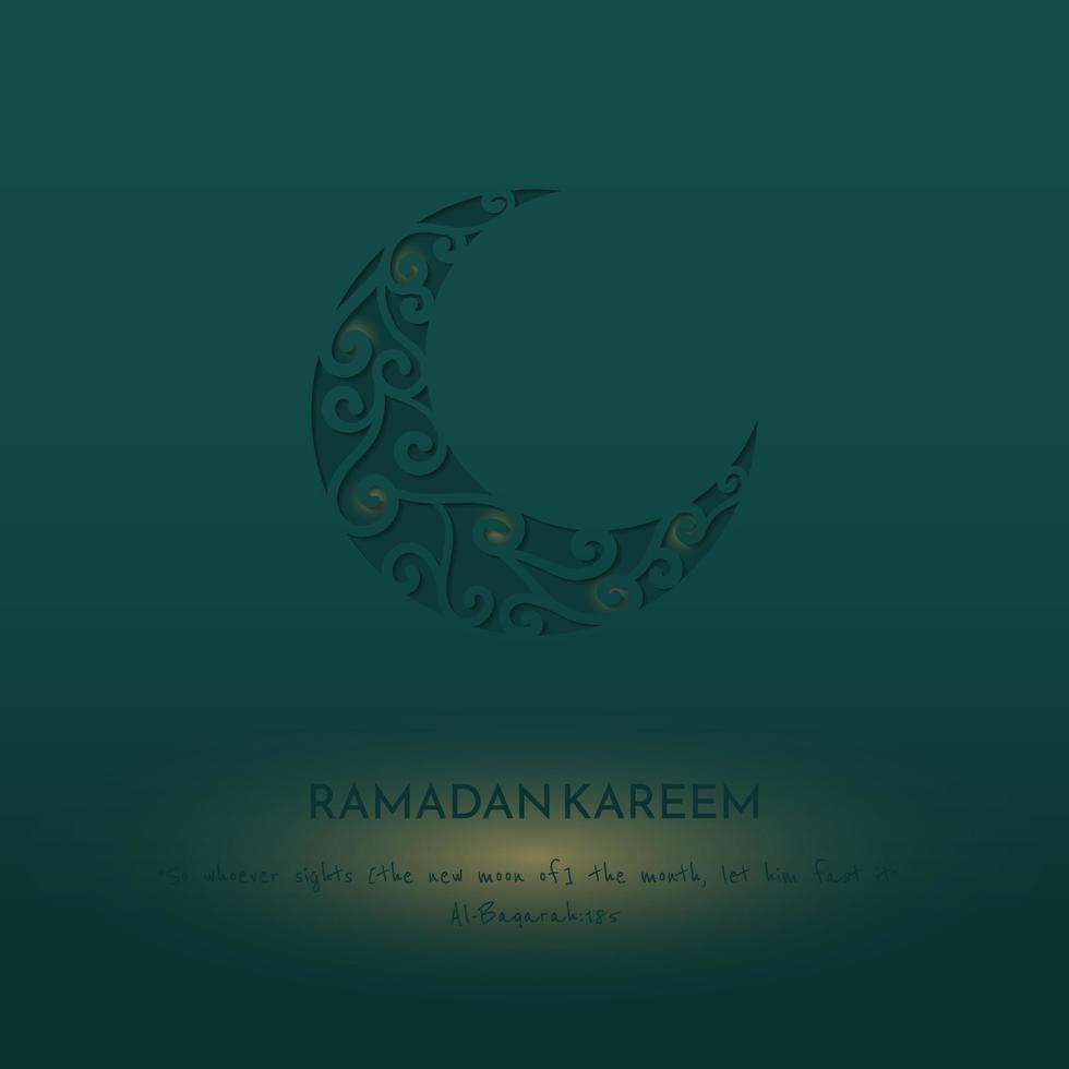 Paper cut of crescent moon with simple ornament design in green background for ramadan template vector