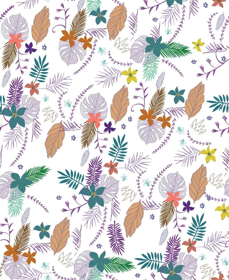 Seamless Floral Pattern in vector.Wild flowers, leaves, branches, candies repeat pattern design set.Handmade. Wallpaper, fabric or design of gift paper. Vector illustration.Print for bed linens.