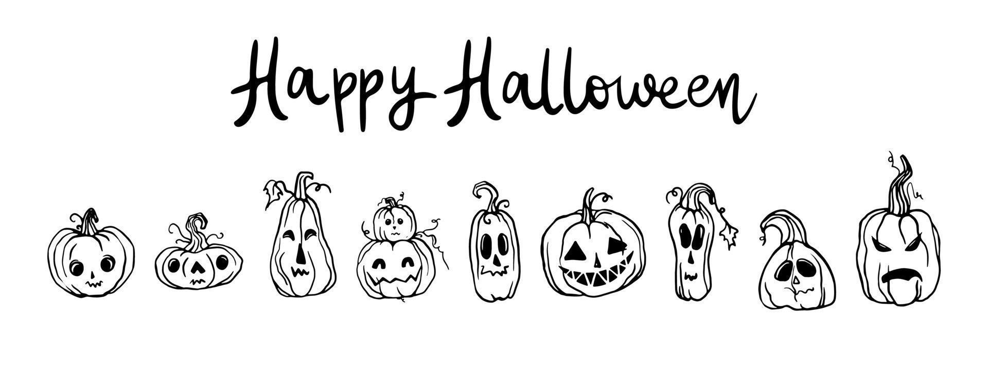 Set of hand drawn pumpkins for Halloween. Handwritten text Halloween, death or treat and happy halloween. Halloween vector illustration.