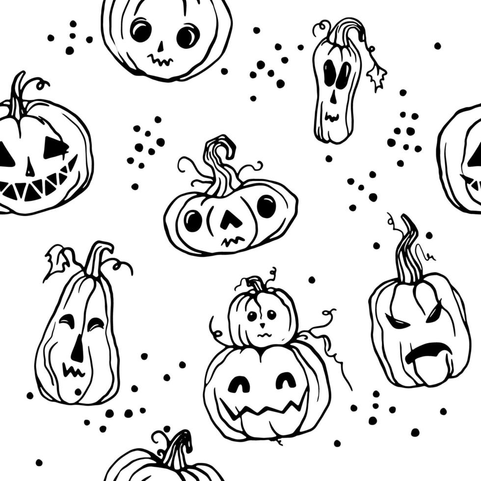 Set of hand drawn pumpkins for Halloween. Handwritten text Halloween, death or treat and happy halloween. Halloween vector illustration.