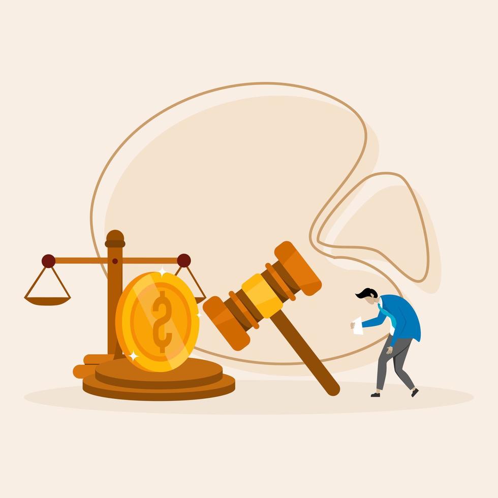 sad man holding fine notice with legal gavel over pile of money coins, Fine fine for paying legal notice, prohibited fees and charges, traffic fee bill concept. vector