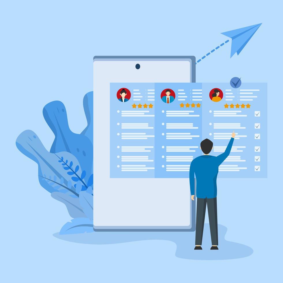 Job recruitment process concept. HR managers search for new hires, read CVs and provide job candidate reviews. Characters applying for a job position. Vector illustration.