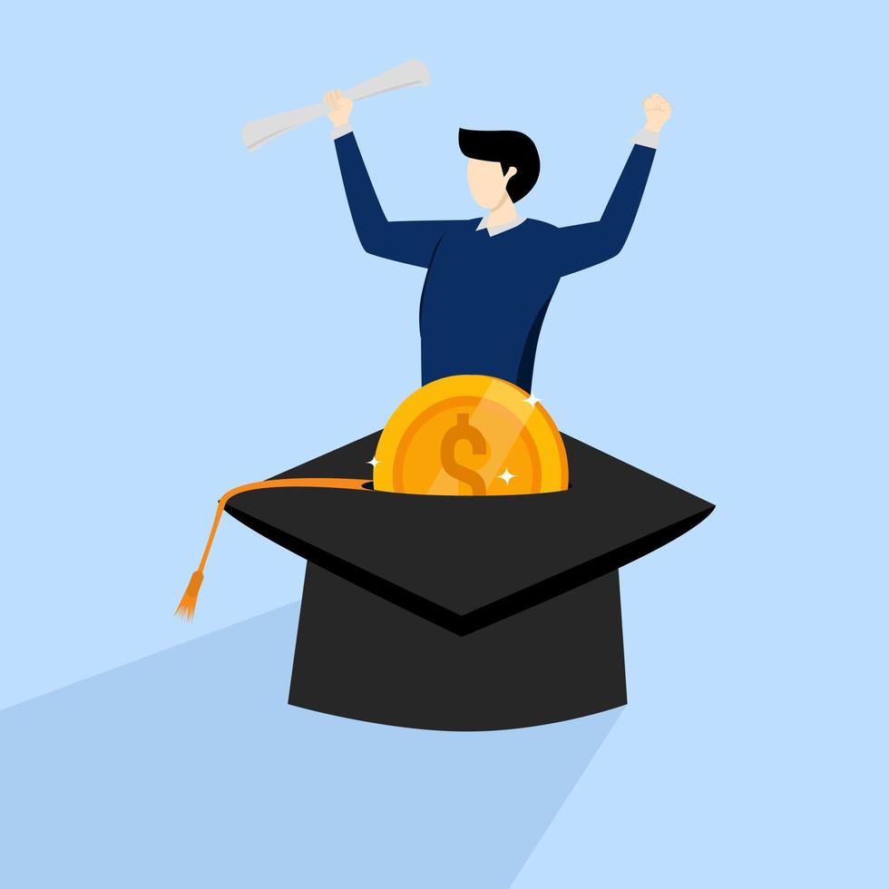 young man with money coins into mortarboard saving box holding degree scroll, Education fund for college, study fee or training cost concept, savings for school or university tuition fee. vector