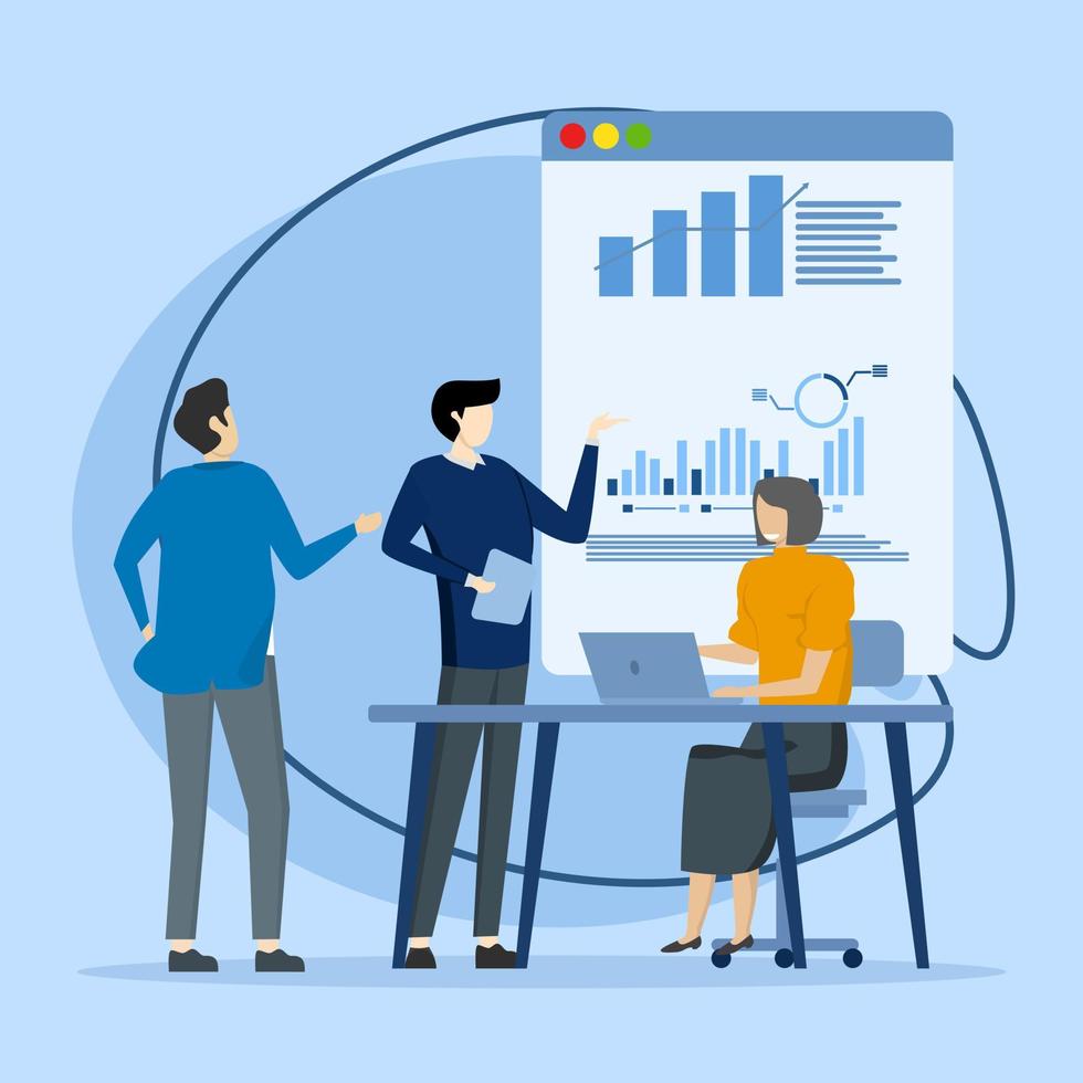 Business people concept. The characters work in the home office and co-working space. planning business strategy, analyzing financial graphs People talking to colleagues, Vector illustration.