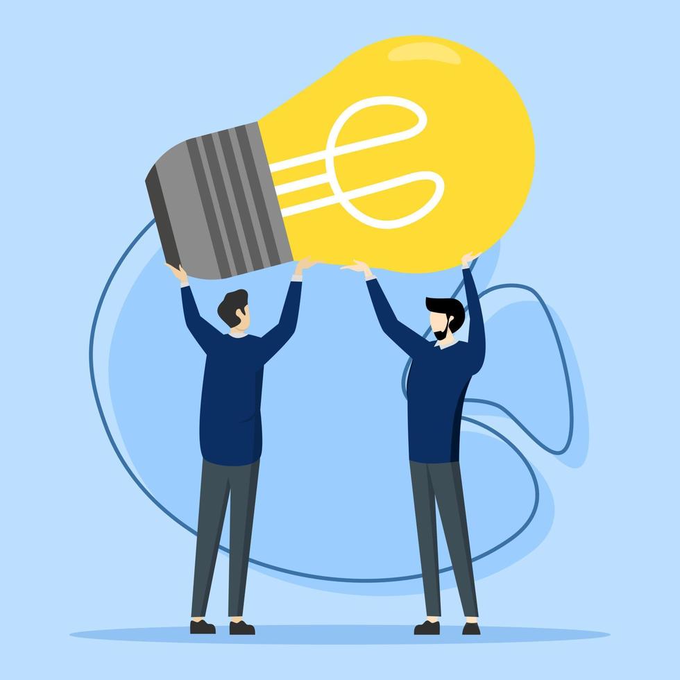 Idea search concept. Characters standing and lifting light bulb together. People generate creative business ideas. cooperation produces ie. Business solution concept. Vector illustration.