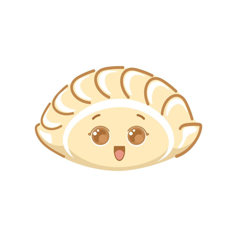 Jiaozi. Chinese New Year fried dumplings, shaped like ancient silver and gold ingots. Cute cartoon character. For menu, cafe, advertising. vector