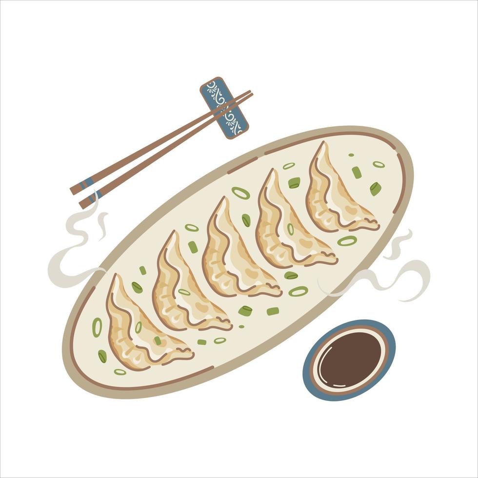 Jiaozi. Chinese New Year fried dumplings, shaped like ancient silver and gold ingots. Wealthy, prosperous. chopsticks, soy sauce. For menu, cafe, advertising vector