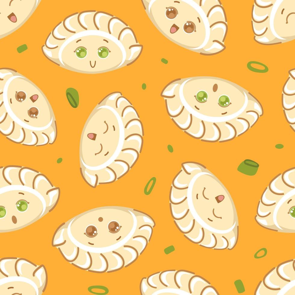 Jiaozi and greens. Seamless pattern Chinese New Year fried dumplings, shaped like ancient silver and gold ingots. Cute cartoon character. For menu cafe, wallpaper, fabric, wrapping, background. vector