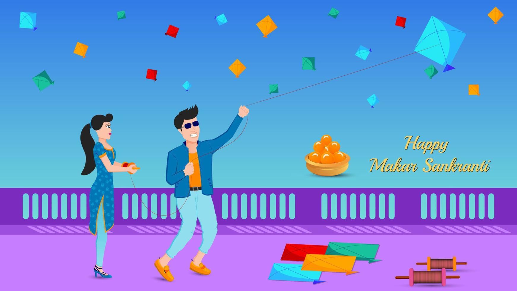 estandarte feliz makar sankranti creado con cometas, dulces, hilos, objetos de personajes de niños y niñas. vector