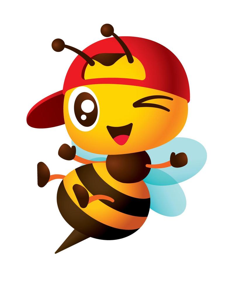 abeja linda de dibujos animados con gorra roja con las manos y las piernas abiertas ilustración de personaje de pose de salto vector