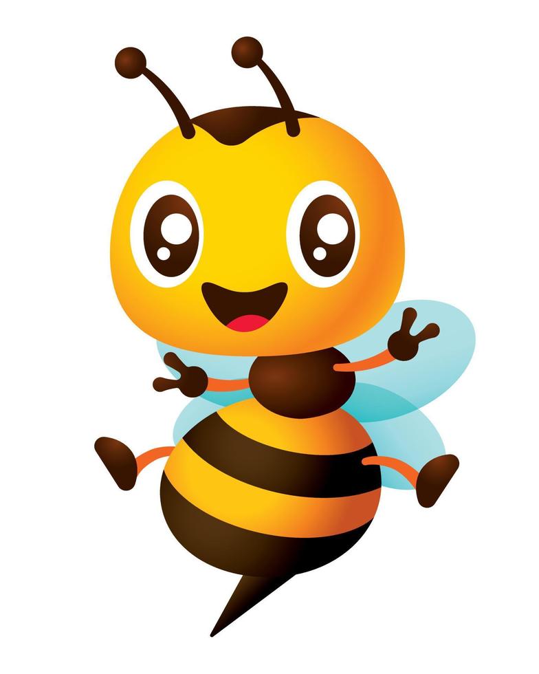 dibujos animados lindo personaje de abeja abre los brazos y las piernas con una sonrisa. abeja linda con antena larga e ilustración de aguijón afilado vector