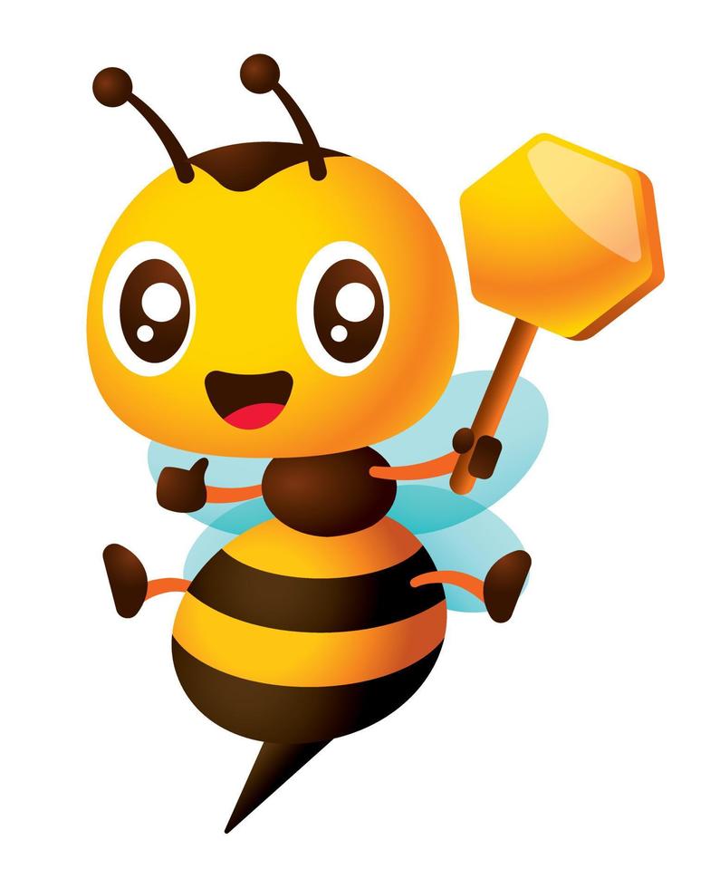 Cartoon cute smiling bee cartoon with big eyes holding empty honey comb sign. Bee character open legs wider vector