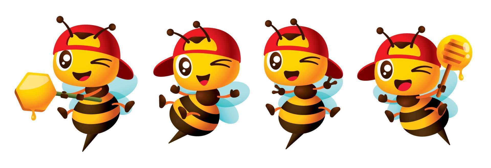 colección de ojos de guiño de abeja obrera de gorra roja linda de dibujos animados con diferentes poses. personaje de abeja con carteles de cucharón de miel y peine de miel, que muestra señales de mano de victoria, brazos abiertos y piernas mascota vectorial vector