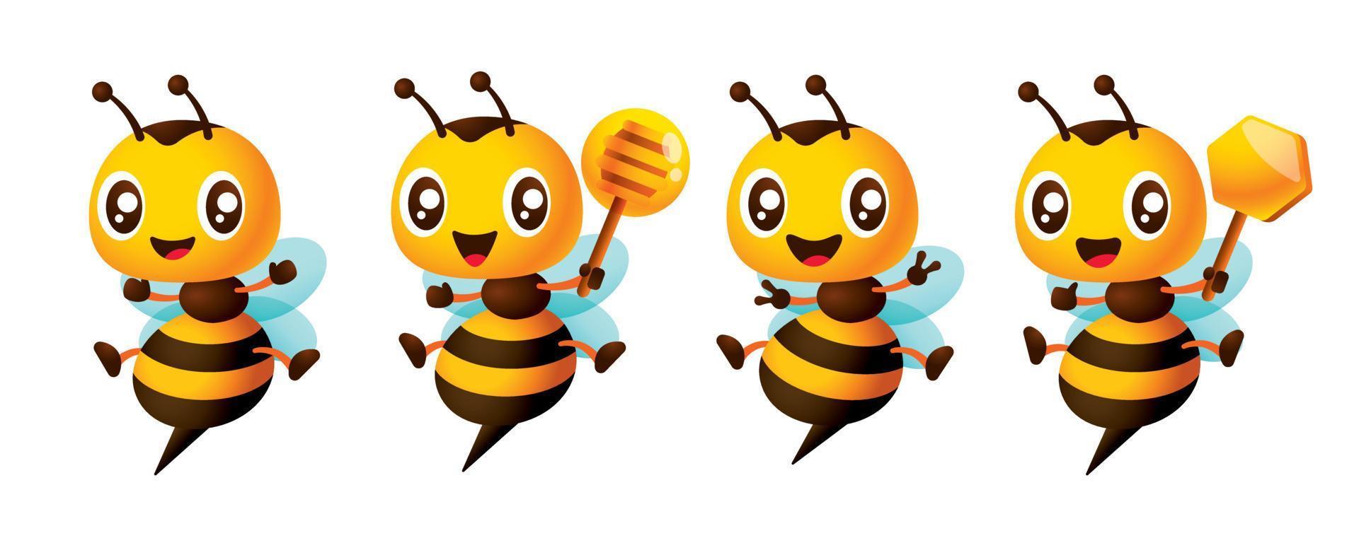 Cartoon cute bee mascot set with different poses, bee open arms excitedly, victory hand signs, holding honey dipper and honey comb sign. Cartoon bee character series illustration vector