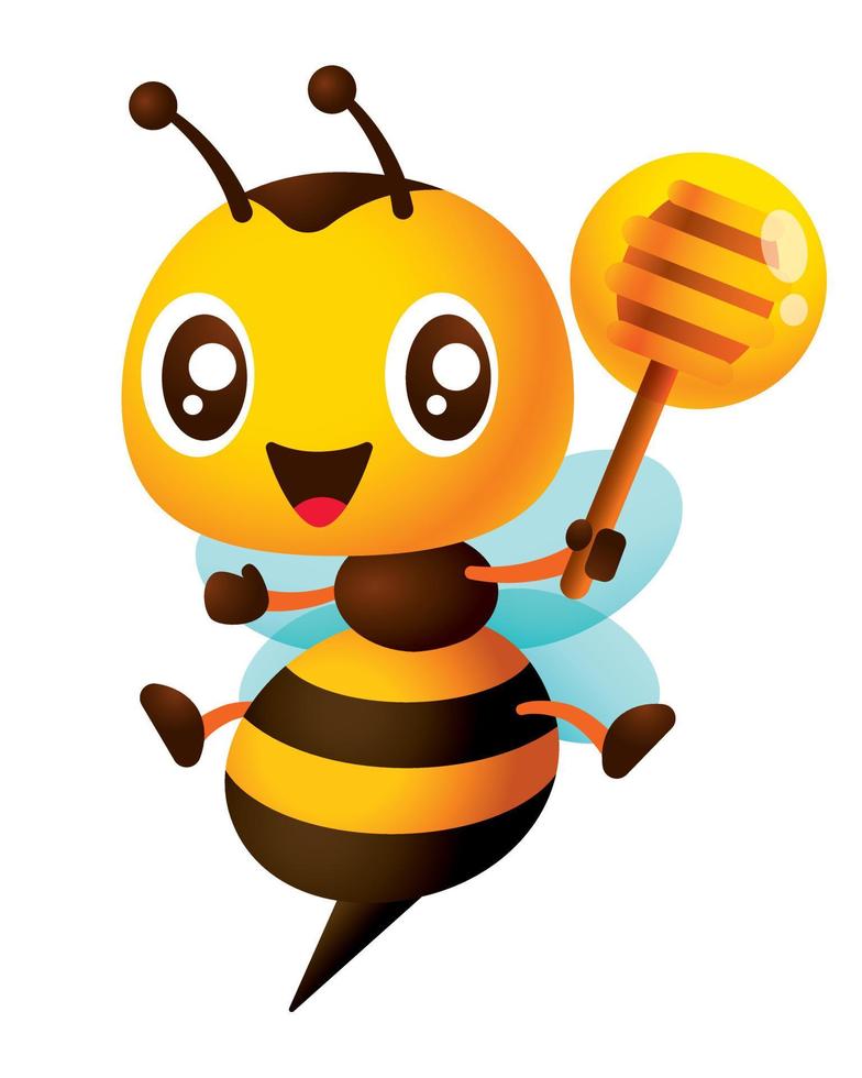 Cartoon cute smiling bee cartoon holding honey dipper with fresh honey on it. Bee character open legs wider with sharp bee stinger vector