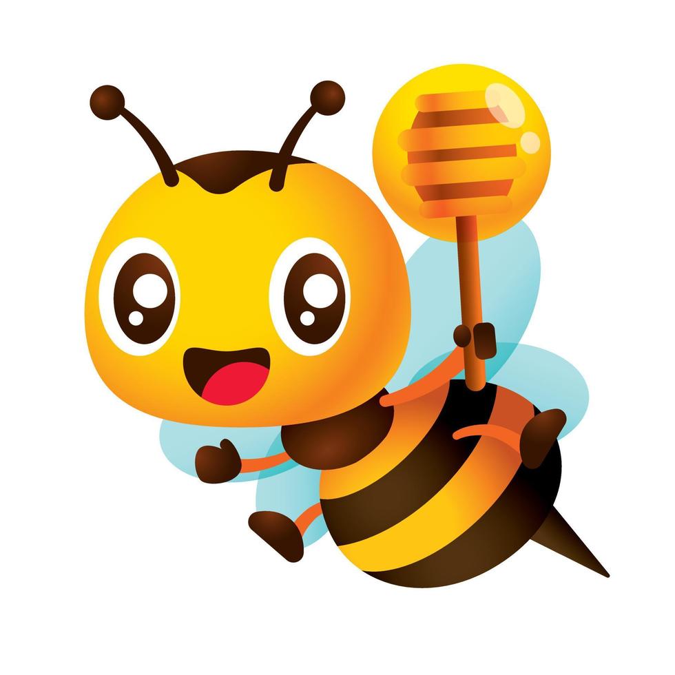 Cartoon cute bee holding honey dipper with honey dripping. Happy honey bee vector character illustration