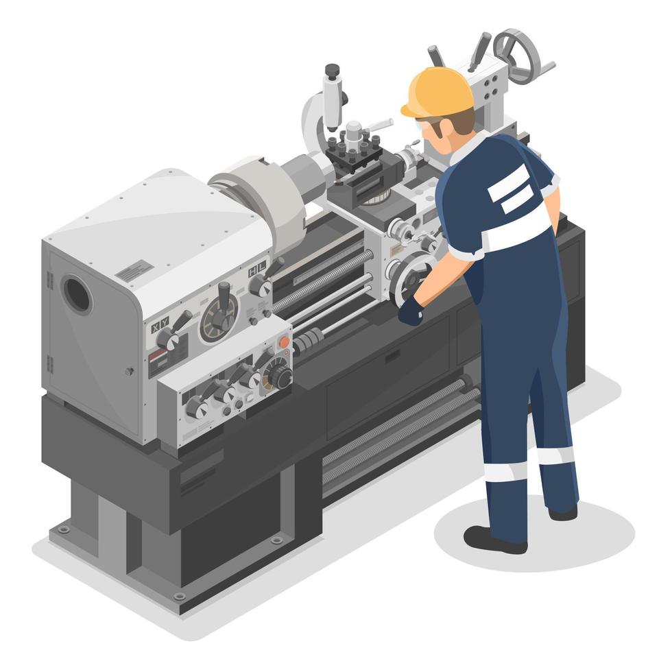 Technician work on Heavy Duty Metal Lathe Machine metalworker industrial experienced operator Maintenance concept isometric industrial machinery labor working on white background isolated vector