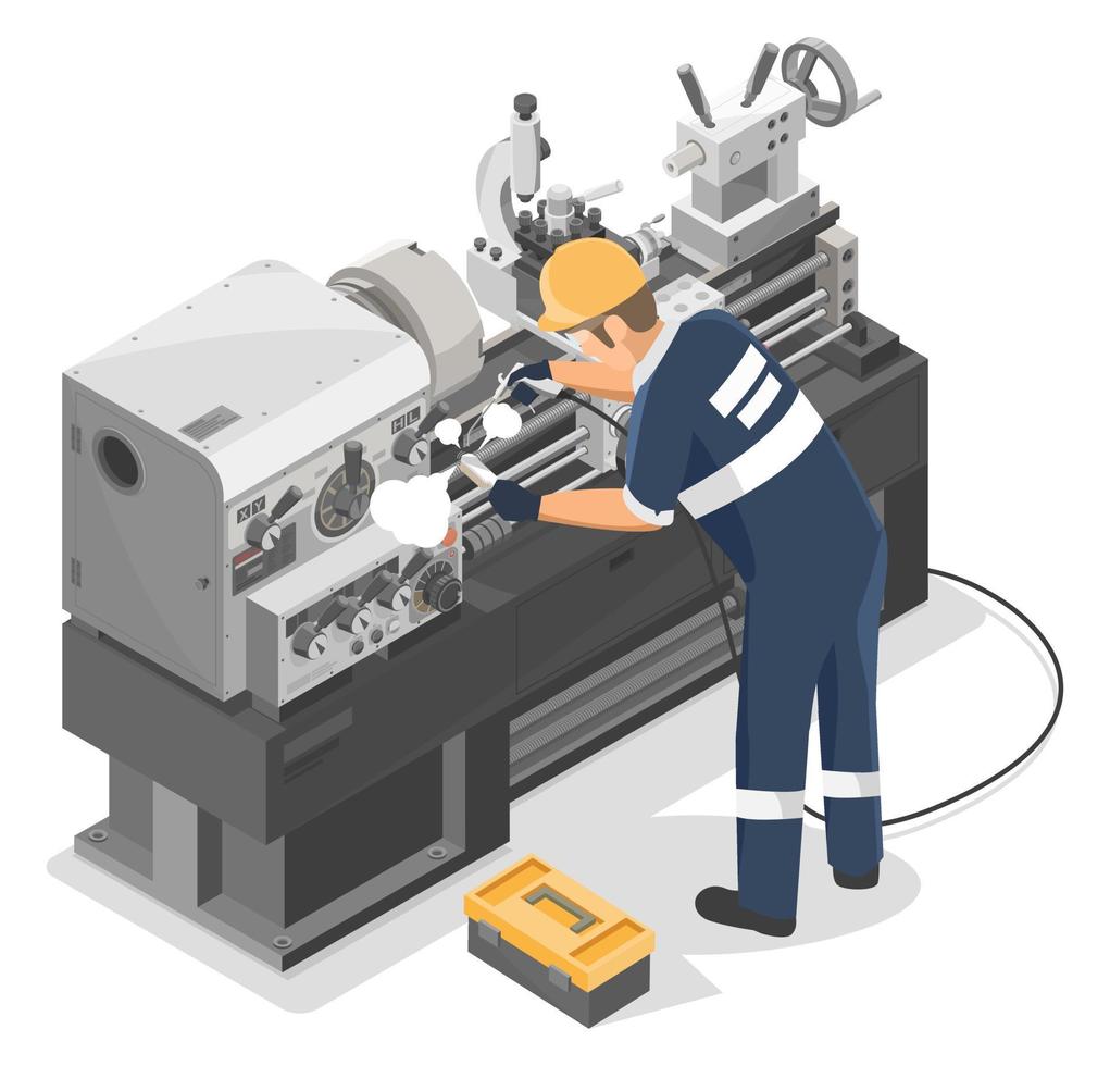 Technician Cleaning Metal Lathe Machine After work metalworker clean Maintenance engineer concept isometric industrial machinery labor working isolated vector