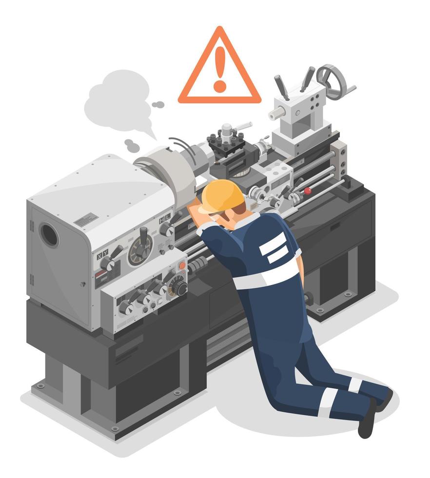 Worker is Injured Danger Heavy Duty Metal Lathe Machine Technician metalworker industrial experienced operator Maintenance concept isometric industrial machinery labor working on white background vector