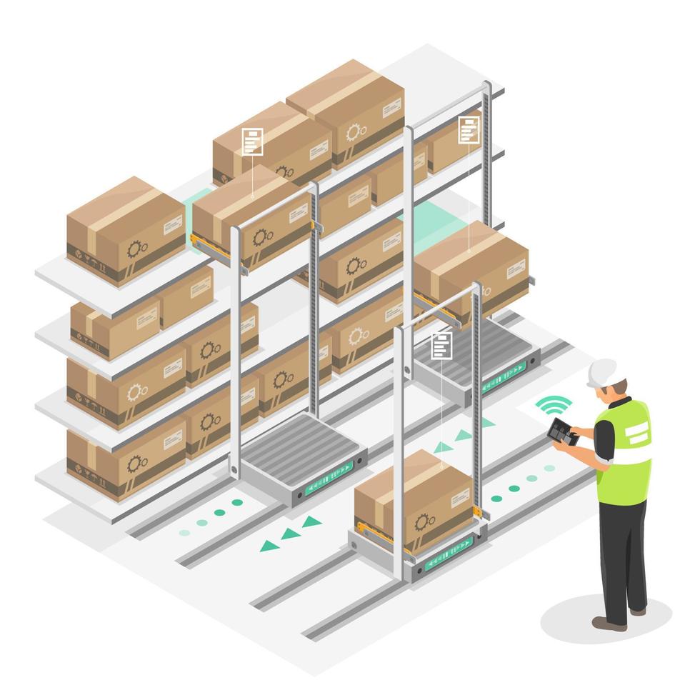 Smart Warehouse industrial Parts big store Autometic Robot working manage from tablet wms system isometric isolated illustration vector