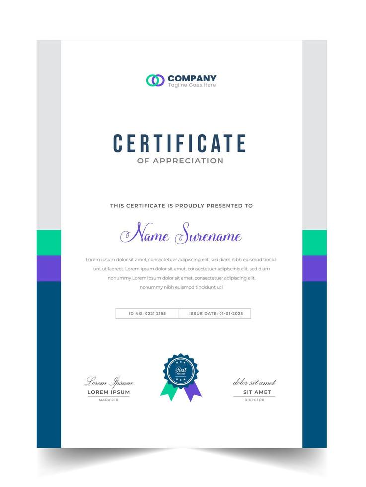 Abstract Clean professional certificate of appreciation template. diploma modern certificate with badge. Elegant business diploma layout for training graduation or course completion. vector