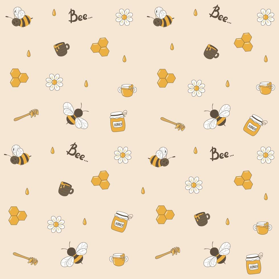 patrón vectorial sin fisuras con divertidas abejas voladoras, margaritas y gotas de miel, cuchara de miel, tarros y tazas con miel. vector