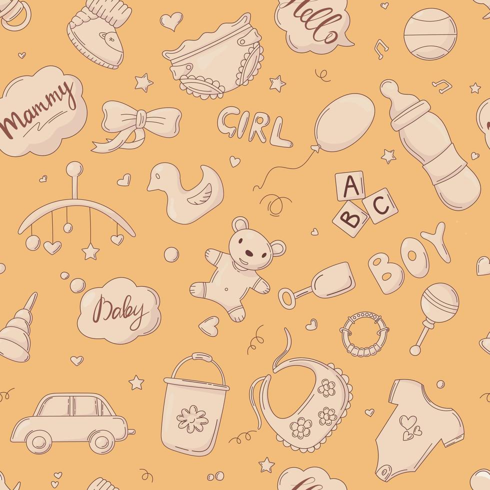 Vector cartoon seamlessn baby pattern with accessories for a newborn.