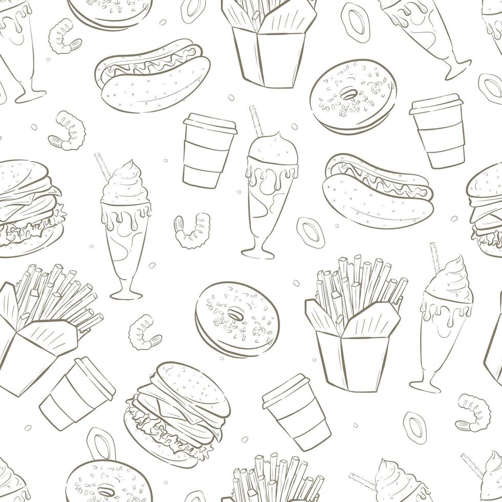 patrón vectorial sin costuras en blanco y negro con comida rápida, hamburguesas, batidos, donuts, camarones rebozados. vector