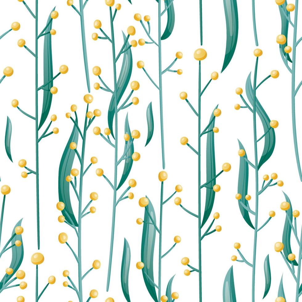 Vector seamless pattern, field grass stems with leaves and yellow flowers.